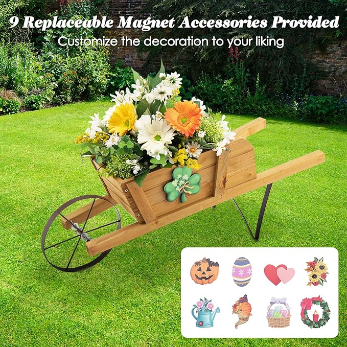 S AFSTAR Wood Wheelbarrow Planter, Flower Plant Pot Cart w/Metal Wheel & 9 Replaceable Magnet Accessories, Wooden Wagon Planter Decor for Outdoor Garden Backyard (Natural)