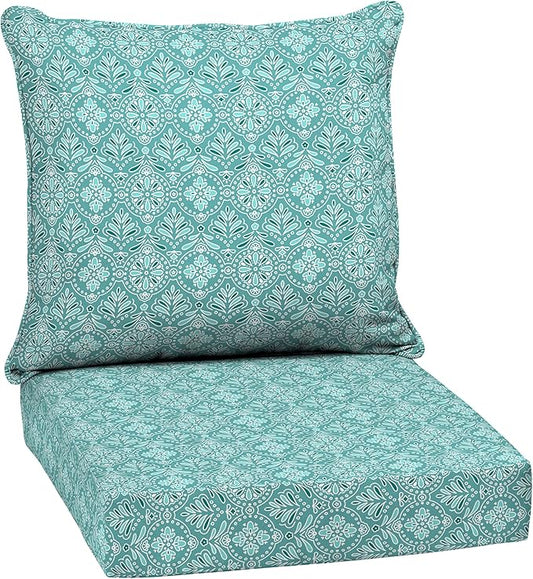 Arden Outdoor Deep Seat Cushion Set, 24 in x 24 in, Patio Cushion for Chair, Sofa, and Couch Turquoise Daphne Medallion