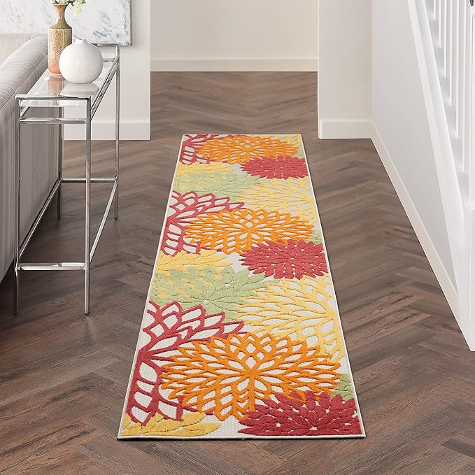 Nourison Home Aloha Indoor/Outdoor Red Multi Colored 2'3" x 10' Area Rug, Tropical, Botanical, Easy Cleaning, Non Shedding, Bed Room, Living Room, Dining Room, Deck, Backyard, Patio (2x10)