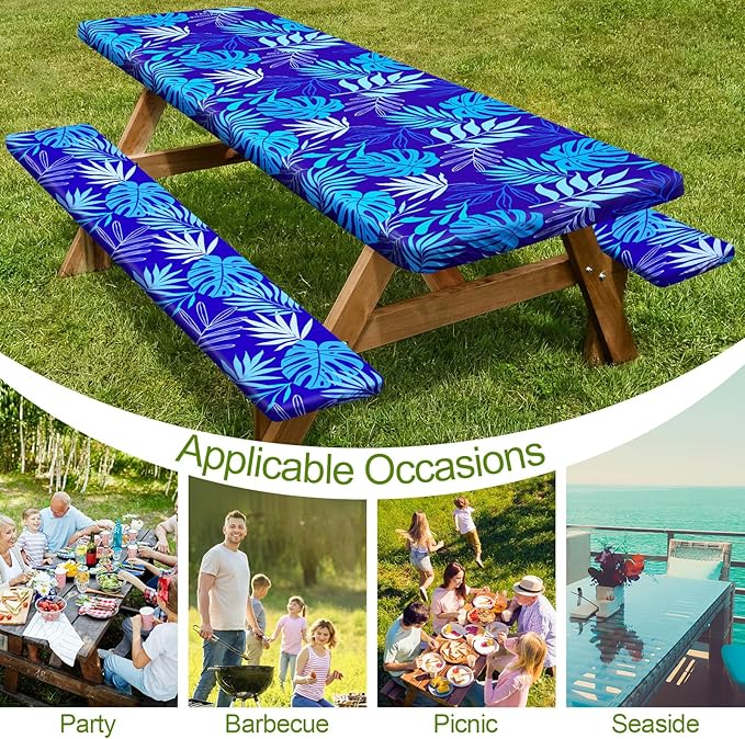 Picnic Table Cover with Bench Covers Camping Essentials Waterproof Windproof Camping Tablecloth with Drawstring Bag, Fitted Rectangle Tables and Seats, 60in, Dark Blue