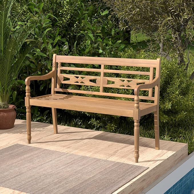 Tangkula Outdoor Bench, 2-Person Garden Bench with Wide Backrest and Curved Armrests, Teak Wood Patio Bench for Backyard, Porch and Park, 600 LBS/300 KG Weight Capacity, Natural