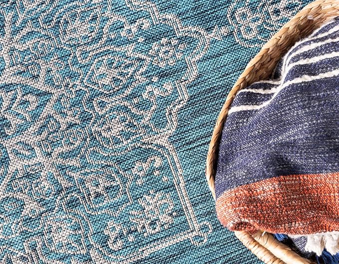 Unique Loom Outdoor Traditional Collection Area Rug - Antique (8' x 11' 4" Rectangle, Teal/ Gray)