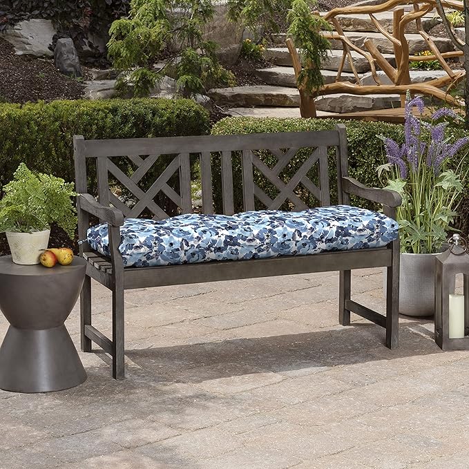Arden Selections Outdoor Plush Classic Tufted Bench Cushion, 48 x 18, Water Repellent, Fade Resistant, Tufted Bench Cushion for Bench and Swing 18 x 48, Blue Garden Floral