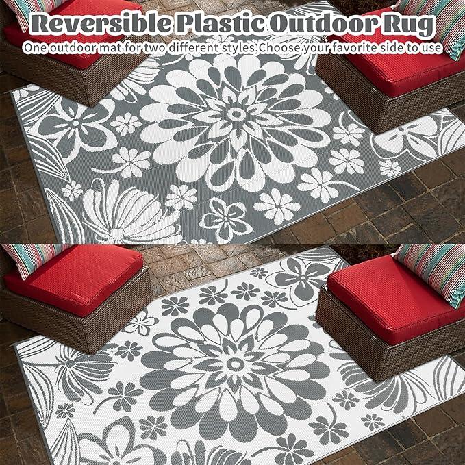 Ileading Outdoor Plastic Straw Rug 5x8ft Funny Floral Style Reversible Patio Area Rugs Waterproof Non Shedding Portable Carpets for Rv Outside Deck Pool Beach Picnic Camping (Grey)