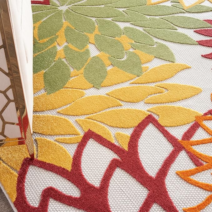 Nourison Home Aloha Indoor/Outdoor Red Multi Colored 7' x 10' Area Rug, Tropical, Botanical, Easy Cleaning, Non Shedding, Bed Room, Living Room, Dining Room, Deck, Backyard, Patio (7x10)