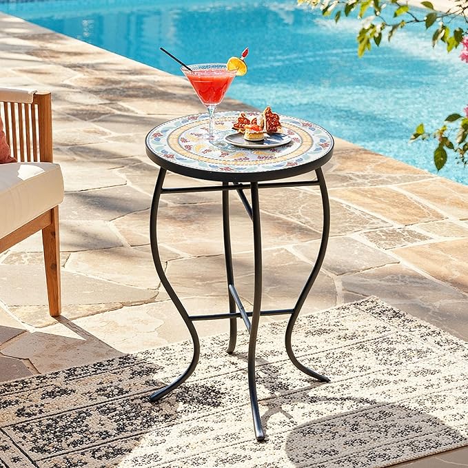 Side Table Outdoor, Mosaic Patio Table Plant Stand, 22" H Iron Coffee End Table,Weather Resistant Tile Top Metal Drink Bar Table for Indoor Garden Balcony Yard Bistro Balcony