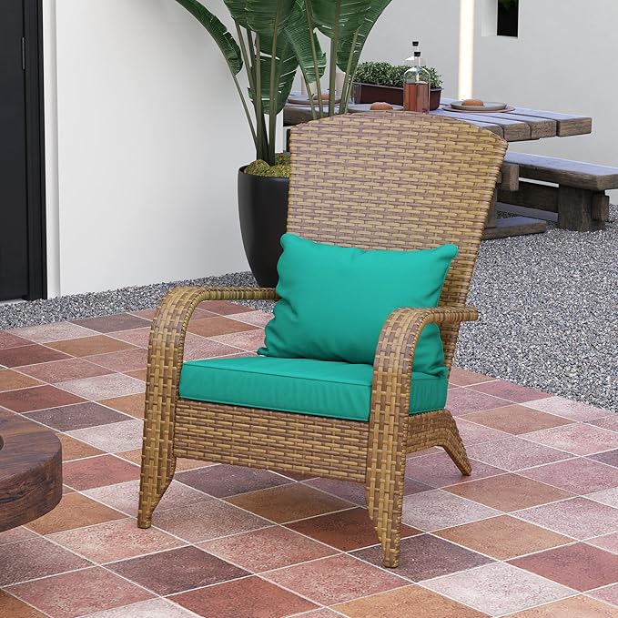 Outsunny Patio Wicker Adirondack Chair, Outdoor All-Weather Rattan Fire Pit Chair with Soft Cushions, Tall Curved Backrest and Comfortable Armrests for Deck or Garden, Sky Blue