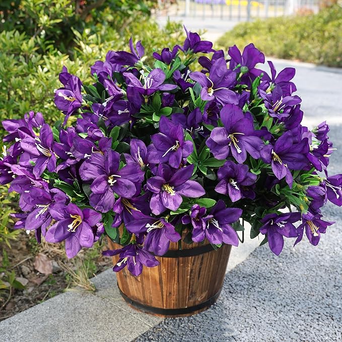 INSPRING Artificial Faux Plants Flowers for Outdoors Spring Decor,3 Bundles Realistic Outside Fake Silk Azalea UV Resistant Outdoor Artificial Flowers for Planter Porch Patio Garden Home, Dark Purple