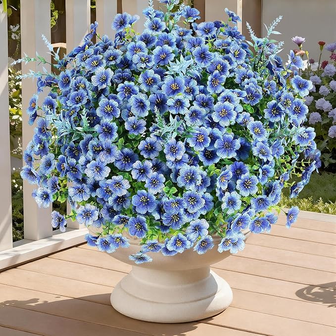 SHareconn 24 Bundles Artificial Flowers for Outdoors Decoration, Faux Plants Fake Silk Colorful Daisy Eucalyptus Lavender, UV Resistant for Outside Home Porch Patio Indoor Spring Decor, Blue