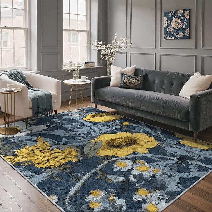 GENIMO Indoor Outdoor Area Rug 6'x9', Machine Washable Rugs for Patio, Waterproof, Non-Slip Easy Cleaning Floral Outdoor Mat Carpet for Living Room, Bedroom, RV, Balcony, Deck, Camping, Blue