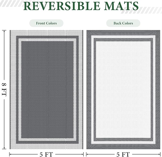 HappyTrends Outdoor Rug Reversible Portable Plastic Straw Camping Rugs for Outside RV,Large Waterproof Outdoor Area Rugs for Patio,Deck,Porch,Balcony(5'x 8',White&Gray)