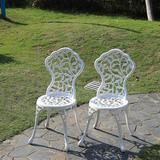 KAILI Rose Garden Cast Aluminum Bistro Chairs, Decorative Outdoor Patio Seating, Set of 2, White and Black (Leaf Chair White)