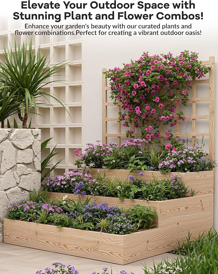 Space-Saving 3-Tier Wood Planter Box with Attached Trellis, Vertical Raised Garden Bed for Climbing Vines, Vegetables, Fruits, Herbs, Open Bottom Drainage for Patio, Deck, Balcony Gardening