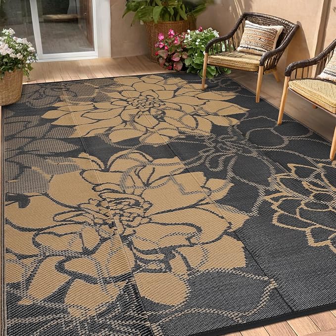 Outdoor Rug 9x12 Reversible Modern Floral Patio Rug Waterproof & Washable Outside Carpet, UV Weather Resistant RV Camping Mat, Durable Plastic Outdoor Carpet for Garden Yard, Brown