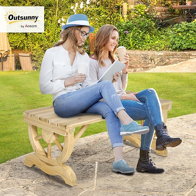 Outsunny 2-Person Wooden Garden Bench, Outdoor Wagon Wheel Porch Bench for Backyard Garden, Support 550 LBS, Rustic Country Style Patio Furniture, Natural Wood