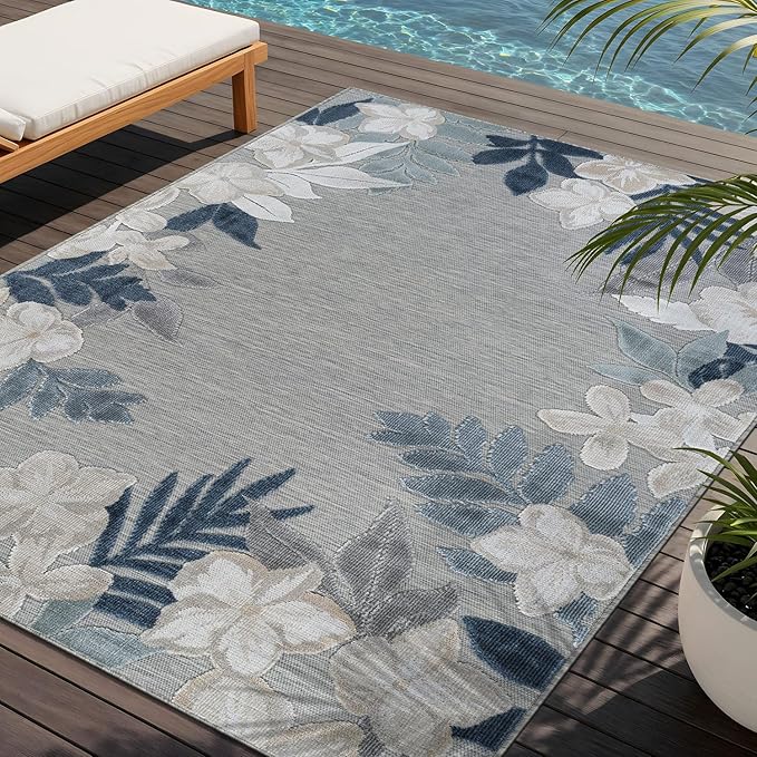 Outdoor Rug 10x14 Washable Area Rugs Indoor Outdoor Carpets Blue Border Floral Non Shedding Waterproof Easy Clean Patio Deck Porch Living Room Bedroom Garden RV (10 X 14 Blue)