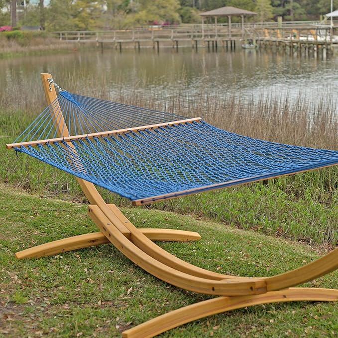 Original Pawleys Island Deluxe Coastal Blue DuraCord Rope Hammock – 13 ft. x 65 in, 2-Person, 450 lb Capacity, Oak Spreader Bar, Zinc-Plated Hardware, Handcrafted in The USA