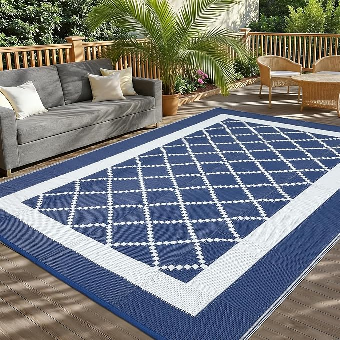 Outdoor Patio Rug 9x18 Waterproof Plastic Reversible Rug Modern UV Resistant Foldable Camping Mat Contemporary Geometric Outdoor Floor Mat for RV Backyard Deck Blue/White