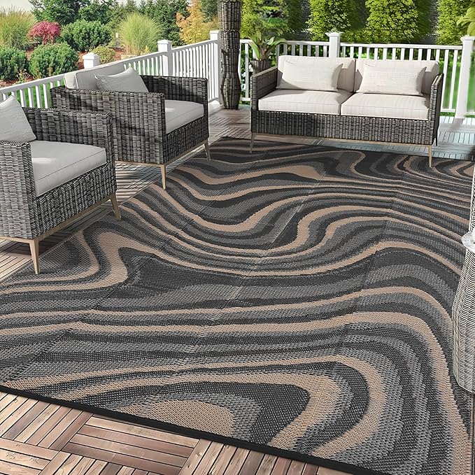 10x20 Large Outdoor Patio Rug Modern Abstarct Plastic Straw Outdoor Rugs Waterproof Foldable UV Resistant Camping Reversible Mats for Deck, Camper, Balcony, Beach, Rv，Black/Gray/Brown