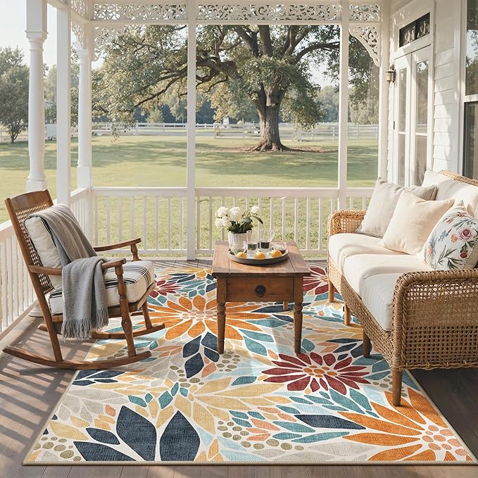 GENIMO Indoor Outdoor Area Rug 5'x8', Machine Washable Rugs for Patio, Waterproof, Non-Slip Easy Cleaning Floral Outdoor Mat Carpet for Living Room, Bedroom, RV, Balcony, Deck, Camping, Orange