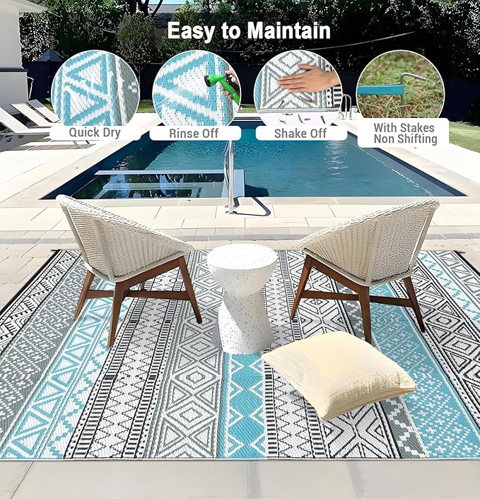 GarveeLife Waterproof Outdoor Rugs 5x8 UV-Resistant Plastic Straw Rug Foldable Reversible Modern Geometric Carpet, Outdoor Floor Mat for RV, Porch, Deck, Beach, Blue & Grey