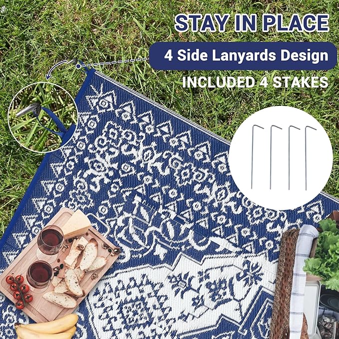 COZYLOOM 8x10 Outdoor Rug Waterproof Reversible Plastic Straw Mat, Large Dark Blue and White Vintage Medallion Patio Area Rug for Deck, Balcony, Camping, Beach, Picnic, Indoor/Outdoor Use