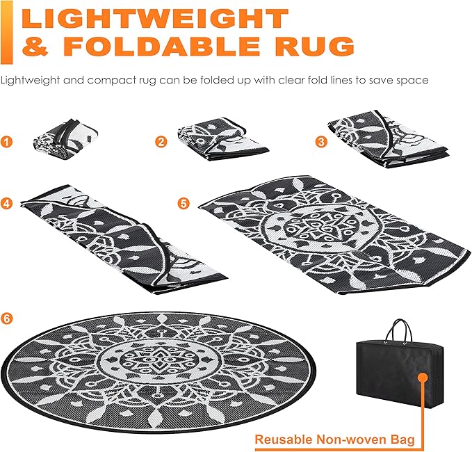 NUU GARDEN 5'x5' Round Outdoor Rug, Reversible Plastic Straw Mat for Patio, RV, Camping, Deck, Porch, Balcony, Picnic, or Beach, White and Black