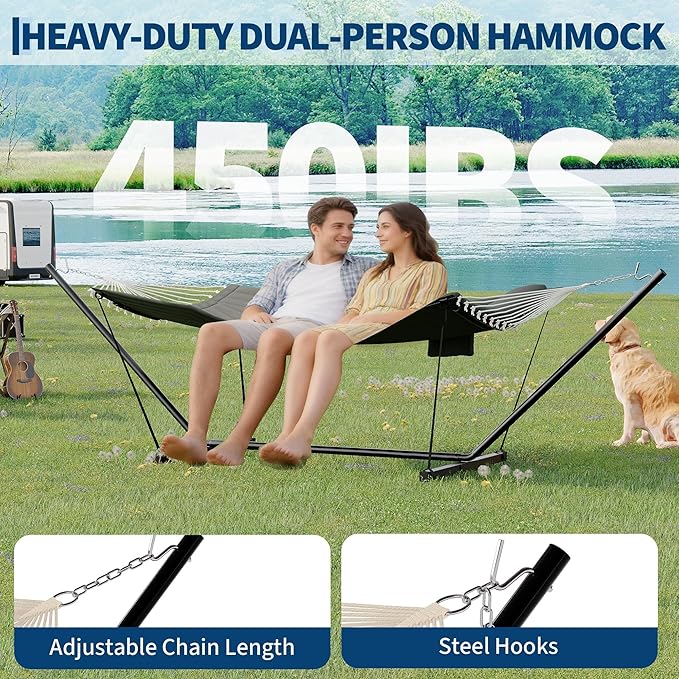 GarveeLife 2 Person Double Hammock with Stand and Pillow - 450 Lbs Capacity Heavy Duty Hammock with Balance Rope, Large Outdoor Hammock for Patio Backyard Poolside