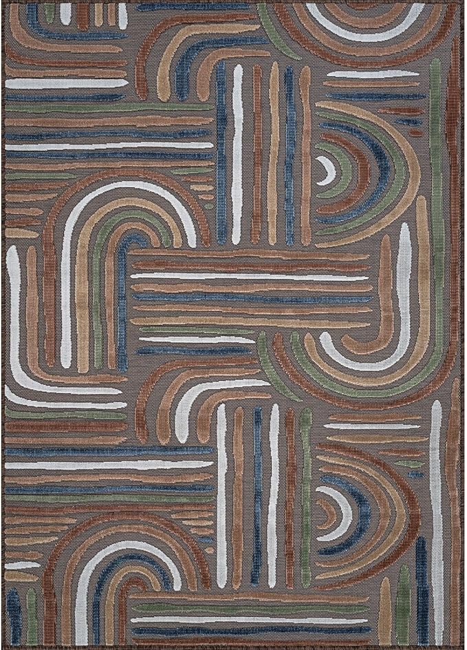 CAMILSON Indoor Outdoor Rug, Brown 9x12 Geometric Arch Striped Large Area Rugs for Patio and Home Areas, Easy-Cleaning Non-Shedding Living Room, Garden and Deck Washable Outside Carpet (9 x 12)