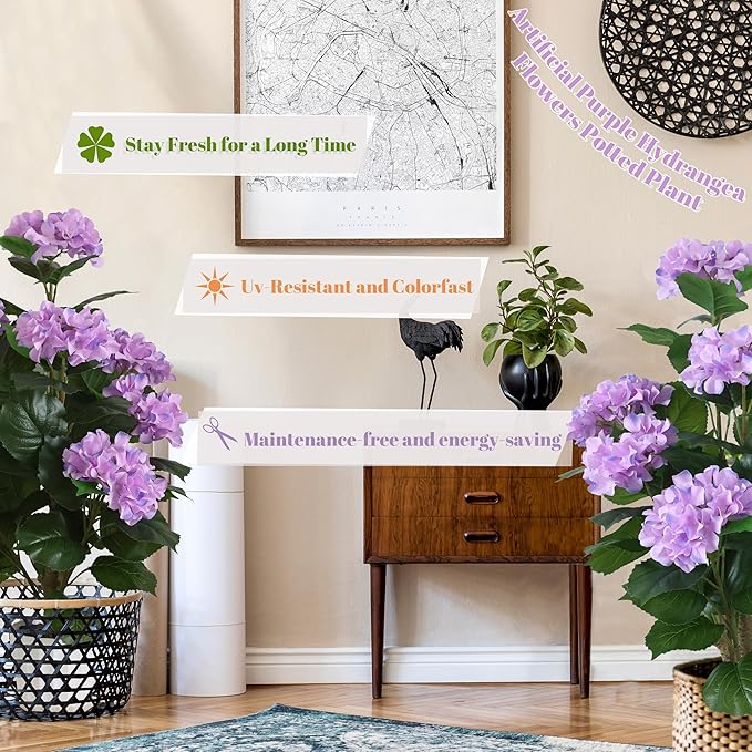 31inch Artificial Purple Hydrangea Flowers Potted Plant for Indoor & Outdoor Office Home Porch Decor, Realistic Tree with Long-Lasting Color (1, Purple)