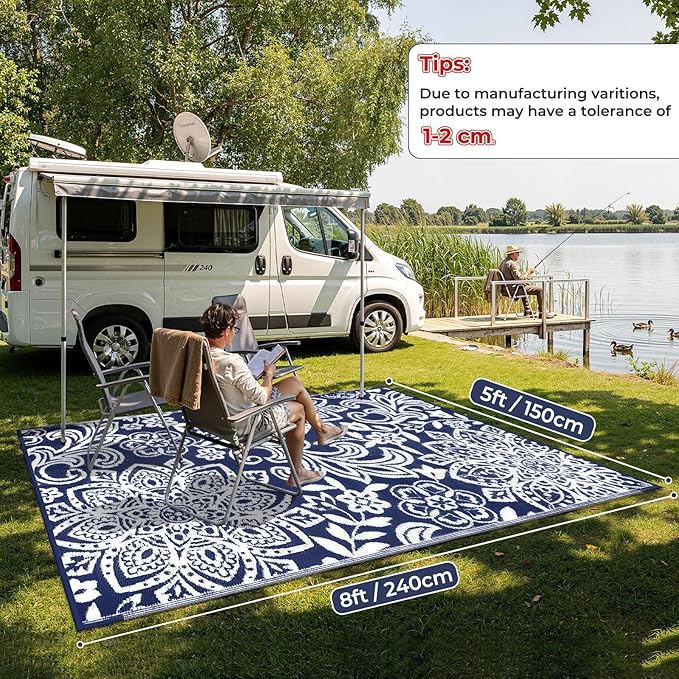 Findosom Waterproof Outdoor Rug 5' x 8' - Reversible Mandala Outdoor Plastic Straw Rug, Durable Foldable Patio Rug for RV, Deck, Balcony, Backyard, Picnic, Porch, Camping, Beach, Navy