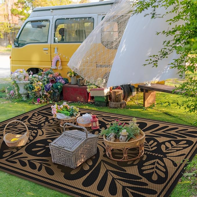 GENIMO Outdoor Rug 5' x 8' Waterproof for Patio Clearance, Reversible Plastic Straw Camping Mat, Lightweight Carpet for Rv, Camper, Deck, Porch, Picnic, Balcony, Beach, H.Black & Brown