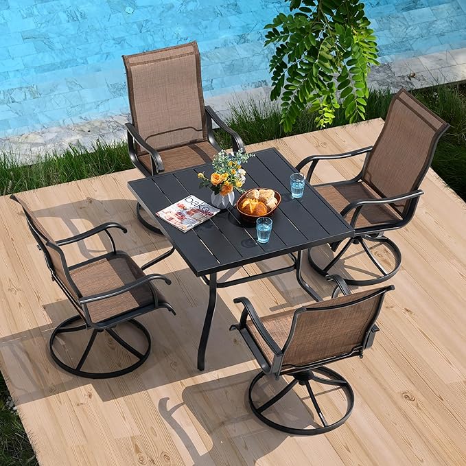 NUU GARDEN Patio Dining Chairs Set of 4, Swivel Patio Sling Chairs All-Weather Textilene Outdoor Swivel Rocker Dining Chairs with Metal Frame and High Back for Lawn Backyard, Brown