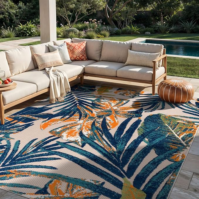 Rugshop Tropical Floral Leaves Indoor/Outdoor Area Rug Durable Polypropylene, Non-Shedding, Easy to Clean, Perfect for Patio, Backyard, Deck and Outdoor Lounge, High Traffic Areas, 12' x 15'