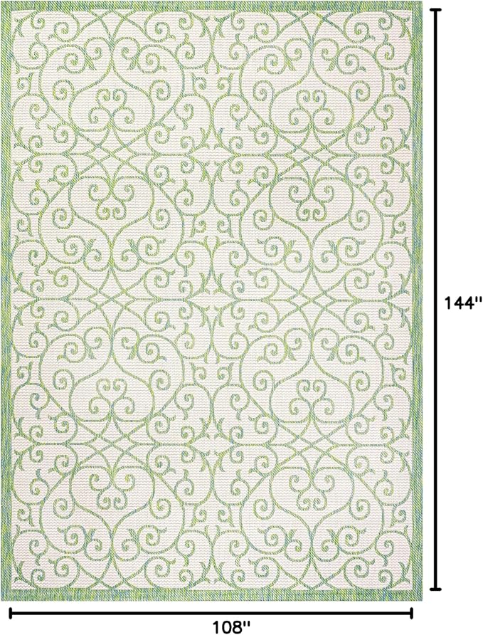 JONATHAN Y Vintage Filigree Indoor Outdoor Area Rug 9X12 Cream/Green, Madrid Textured Weave for Backyard, Patio, Porch, Easy-Cleaning, High Traffic, Pet-Friendly, Non-Shedding (SMB107J-9)