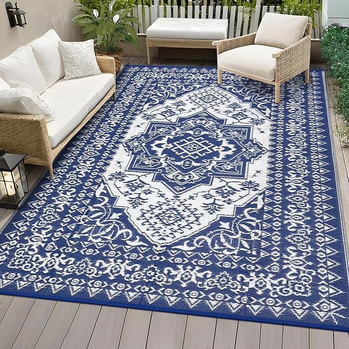 COZYLOOM 8x10 Outdoor Rug Waterproof Reversible Plastic Straw Mat, Large Dark Blue and White Vintage Medallion Patio Area Rug for Deck, Balcony, Camping, Beach, Picnic, Indoor/Outdoor Use