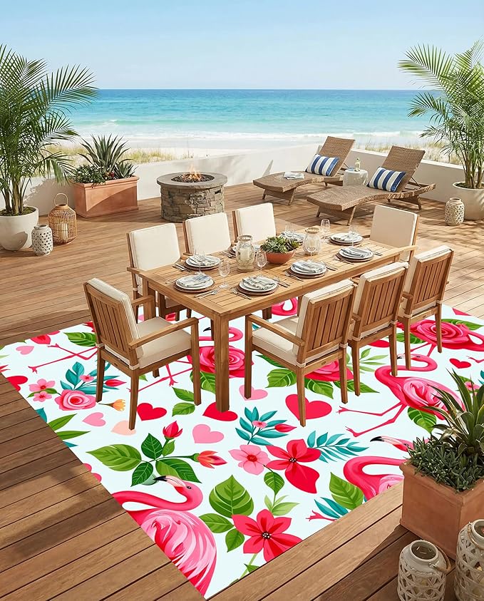 Romantic Flamingo Outdoor Rug 7x14 Pink Blue Green Tropical Floral Outside Rugs for Patio Porch Balcony Deck Waterproof Soft Carpet with Rose and Heart Print Washable RV Camping Garden Mat