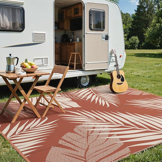 GENIMO Outdoor Rug 9' x 12' Waterproof for Patios Clearance, Reversible Plastic Straw Camping Carpet, Large Area Rugs Mats for RV, Picnic, Backyard, Deck, Balcony, Porch, Beach, Brick&Red