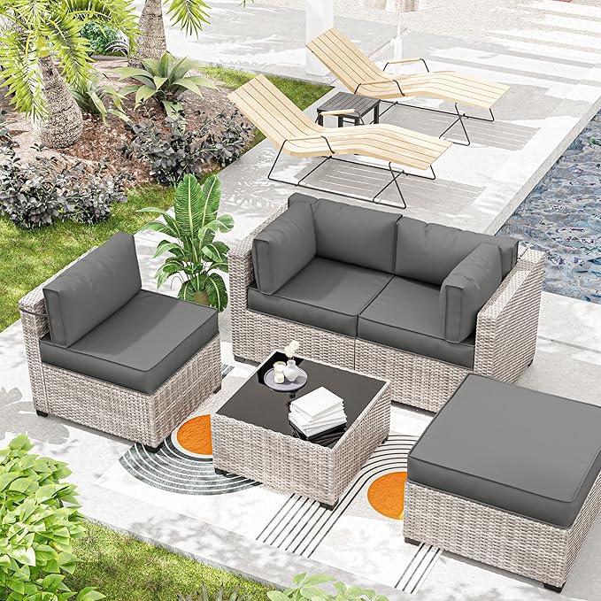 Outdoor Cushions for Patio Furniture with 5 Pillows, Waterproof Patio Furniture Cushions Replacement, 4" Deep Seat Outdoor Sectional Cushions for 4-seat Patio Furniture Chair Sofa Couch,Light Grey