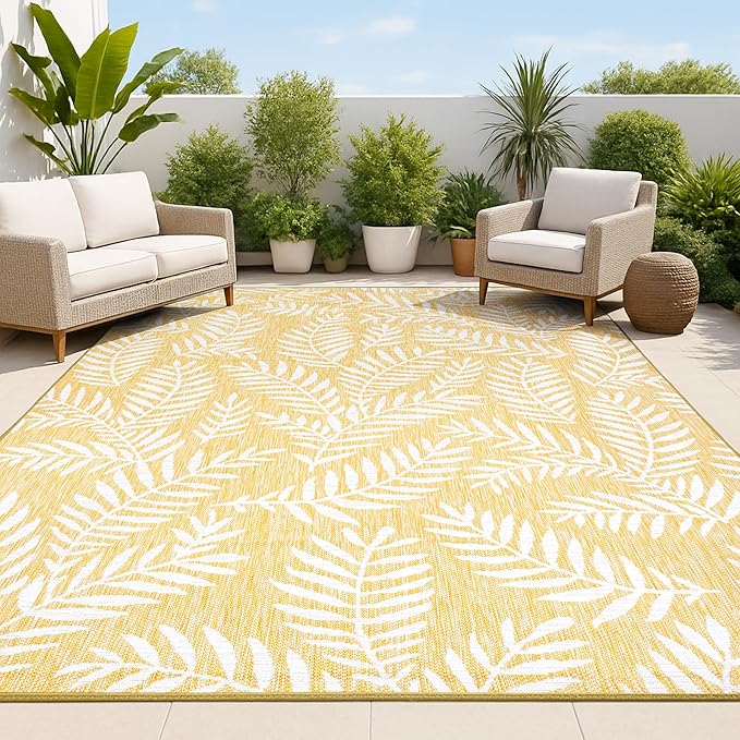 JONATHAN Y Palm Frond Indoor Outdoor Area Rug 9X12 Yellow/Cream, Nevis for Backyard, Patio, Porch, Easy-Cleaning, High Traffic, Pet-Friendly, Non-Shedding (SMB119C-9)
