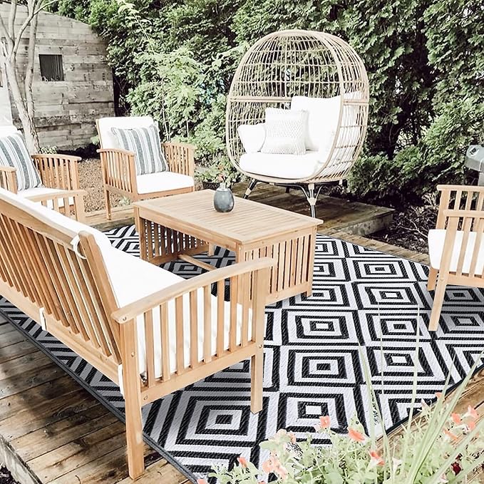 Reversible Mats, Outdoor Patio Rugs, Plastic Straw Rug, Modern Area Rug, Floor Mat for Outdoors, RV, Patio, Backyard, Deck, Picnic, Beach, Trailer, Camping (Diamond Black & White, 9' x 12')