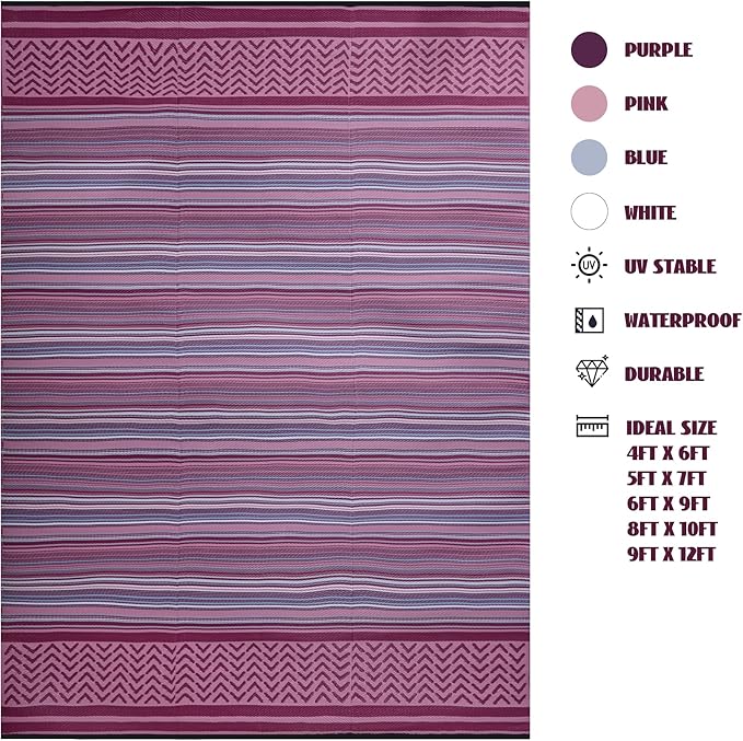 Reversible Outdoor/Indoor Plastic Rug Plastic Straw Rug Waterproof Portable Mat, Easy to Clean and Fold,Perfect for Garden, Patio, Picnic, Decking-（Pink Purple,9x12Ft）