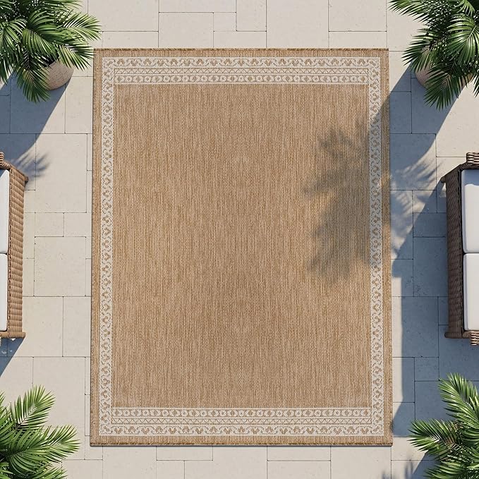 Washable Outdoor Rug 6x9 Modern Area Rugs Outdoor Carpets Bordered Pattern Non Shedding Waterproof Easy Clean Patio Deck Porch Living Room Bedroom Garden RV (6 X 9 Natural)