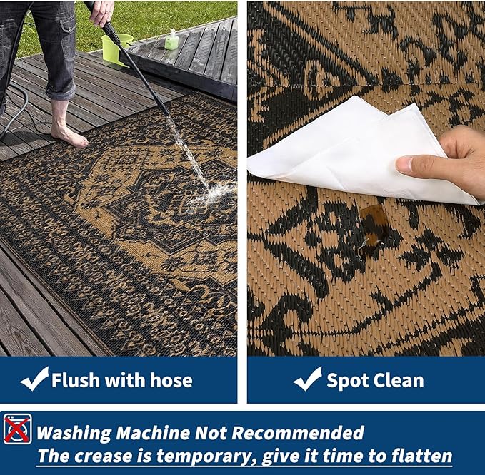 COZYLOOM Waterproof Outdoor Rug 9x12 Reversible Patio Rug Plastic Straw Mat, Vintage Medallion Carpet, Indoor Outdoor RV Mat for Deck, Balcony, Camping, Porch, Beach, Picnic, Black&Brown