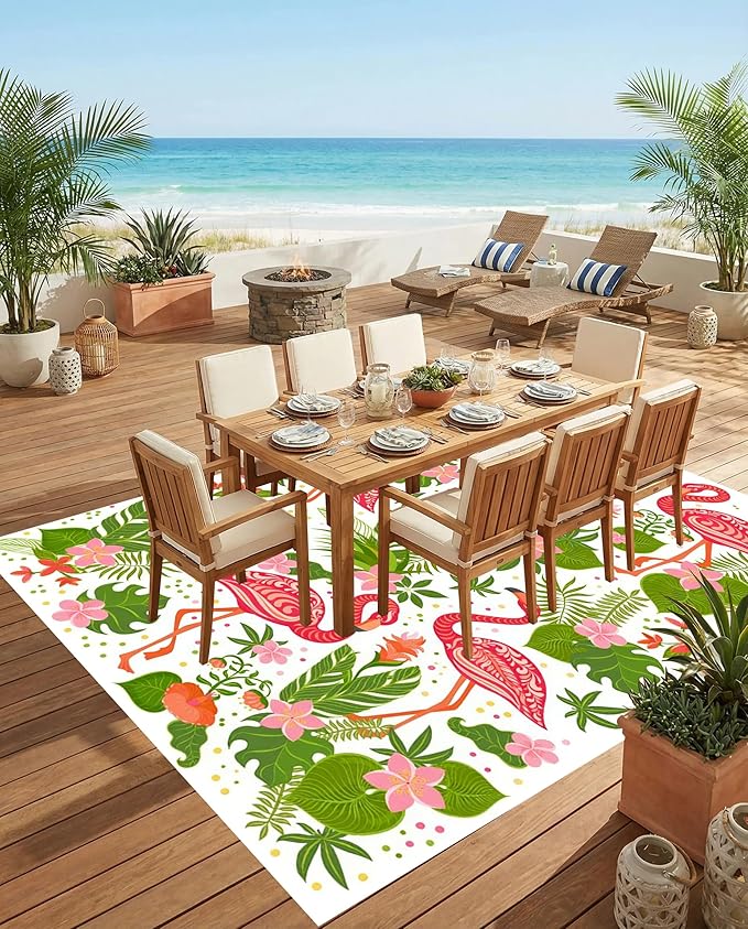 5x8 Pink Green Modern Floral Tropical Outdoor Patio Rug Waterproof Washable Non-Slip Outside Rugs for Balcony Porch Deck Garden Durable Reversible Mat with Flamingo and Flower Pattern