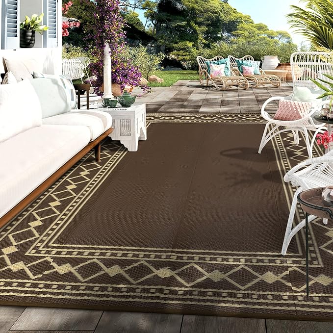 Garvee Outdoor Rug 8 x 10 Patio Waterproof, Foldable Reversible Plastic Straw Area Rugs Mat for Camper Decor, Outside Carpet for Rv, Deck, Porch, Picnic, Beach, Balcony (Brown/Coffee)