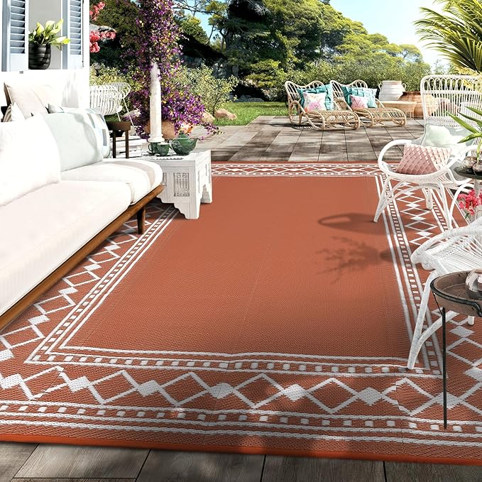 Garvee Outdoor Rug 9x12 ft, Waterproof Reversible Patio Mat, Plastic Straw Rug for RV, Camping, Deck, Balcony, Easy Clean & Portable,Terracotta/White