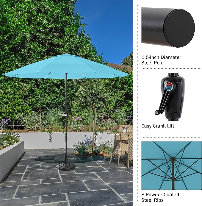 Pure Garden Patio Umbrella with Vented Canopy - 9 Ft Easy Crank Outdoor Umbrella for Shade - For Deck, Balcony, Porch, Backyard, or Pool (Light Blue)