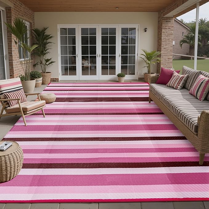 HUGEAR Outdoor Waterproof Rug 8'x10' Plastic Straw Rugs Washable Reversible Floor Mat Pink Stripe Carpet for Camping RV Deck Entryance Porch Picnic Balcony Beach Backyard