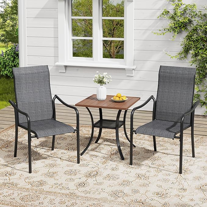 VICLLAX Patio Stackable Dining Chairs Set of 2, Outdoor Sling Chairs with Breathable Fabric and High Back for Balcony Porch Backyard, Dark Grey